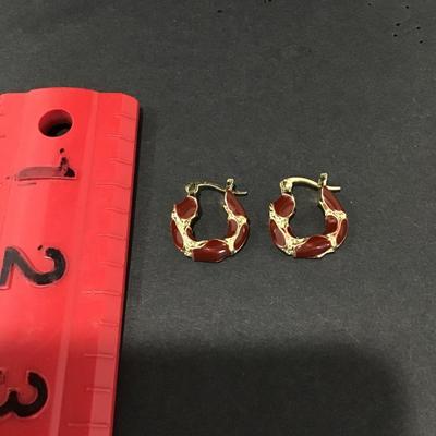 Vintage, gold, toned, brown enameled hoop earrings