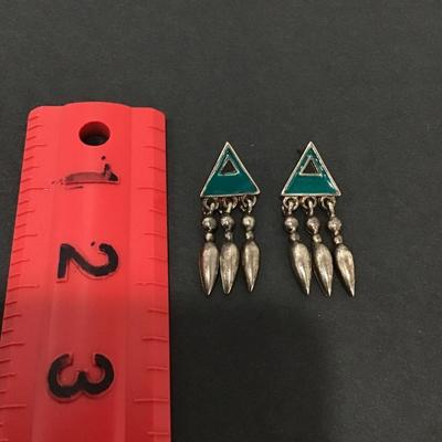 Vintage triangle, turquoise, blue enameled, dangle earrings