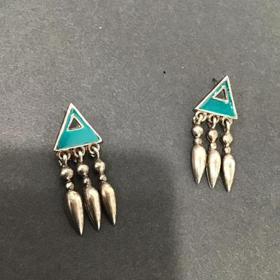Vintage triangle, turquoise, blue enameled, dangle earrings