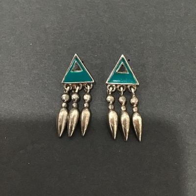 Vintage triangle, turquoise, blue enameled, dangle earrings
