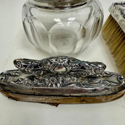 Sale Photo Thumbnail #64: Hand mirror, brushes, nail buffer, dresser Jar, Soap Box.  fair to good condition - there are dings and dents, and some deterioration of nail buffer pad, mirror clarity which is normal for the age of the pieces.. See photos for condition. All pieces are m