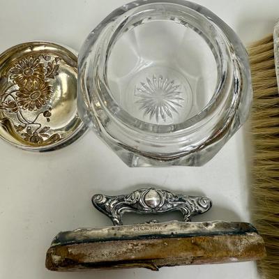 Sale Photo Thumbnail #66: Hand mirror, brushes, nail buffer, dresser Jar, Soap Box.  fair to good condition - there are dings and dents, and some deterioration of nail buffer pad, mirror clarity which is normal for the age of the pieces.. See photos for condition. All pieces are m