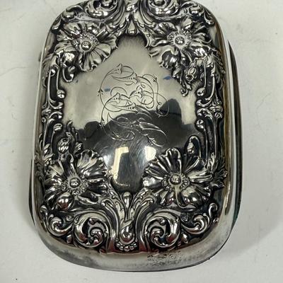 Sale Photo Thumbnail #62: Hand mirror, brushes, nail buffer, dresser Jar, Soap Box.  fair to good condition - there are dings and dents, and some deterioration of nail buffer pad, mirror clarity which is normal for the age of the pieces.. See photos for condition. All pieces are m