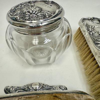 Sale Photo Thumbnail #65: Hand mirror, brushes, nail buffer, dresser Jar, Soap Box.  fair to good condition - there are dings and dents, and some deterioration of nail buffer pad, mirror clarity which is normal for the age of the pieces.. See photos for condition. All pieces are m