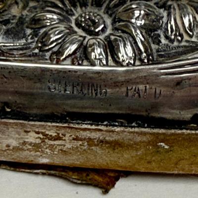 Sale Photo Thumbnail #75: Hand mirror, brushes, nail buffer, dresser Jar, Soap Box.  fair to good condition - there are dings and dents, and some deterioration of nail buffer pad, mirror clarity which is normal for the age of the pieces.. See photos for condition. All pieces are m