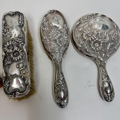 Sale Photo Thumbnail #67: Hand mirror, brushes, nail buffer, dresser Jar, Soap Box.  fair to good condition - there are dings and dents, and some deterioration of nail buffer pad, mirror clarity which is normal for the age of the pieces.. See photos for condition. All pieces are m