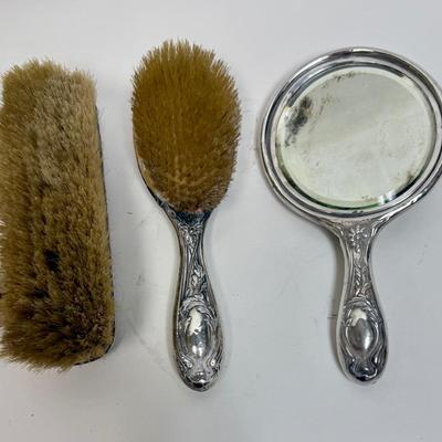 Sale Photo Thumbnail #69: Hand mirror, brushes, nail buffer, dresser Jar, Soap Box.  fair to good condition - there are dings and dents, and some deterioration of nail buffer pad, mirror clarity which is normal for the age of the pieces.. See photos for condition. All pieces are m