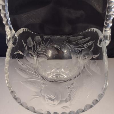 Etched Glass/Crystal Basket with Floral Design- Approx 13 1/4" Tall, 10" Wide