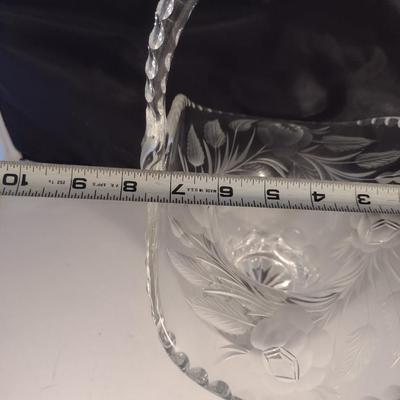 Etched Glass/Crystal Basket with Floral Design- Approx 13 1/4" Tall, 10" Wide