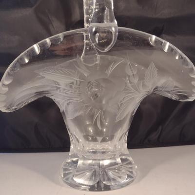 Etched Glass/Crystal Basket with Floral Design- Approx 13 1/4" Tall, 10" Wide