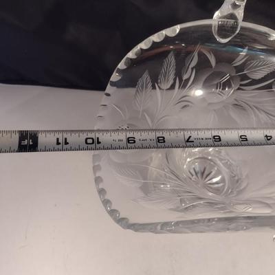 Etched Glass/Crystal Basket with Floral Design- Approx 13 1/4" Tall, 10" Wide