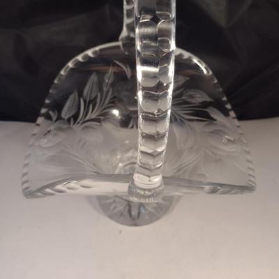 Etched Glass/Crystal Basket with Floral Design- Approx 13 1/4" Tall, 10" Wide