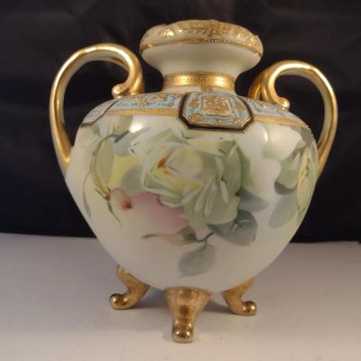 Nippon Hand Painted Footed Vase with Gilt and Floral Accents- Approx 8" Tall