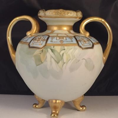 Nippon Hand Painted Footed Vase with Gilt and Floral Accents- Approx 8" Tall