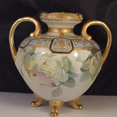 Nippon Hand Painted Footed Vase with Gilt and Floral Accents- Approx 8" Tall
