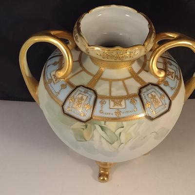Nippon Hand Painted Footed Vase with Gilt and Floral Accents- Approx 8" Tall