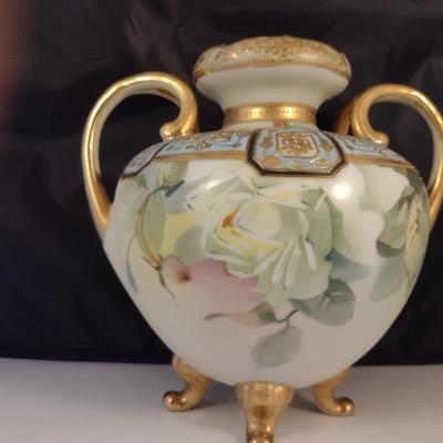 Nippon Hand Painted Footed Vase with Gilt and Floral Accents- Approx 8" Tall