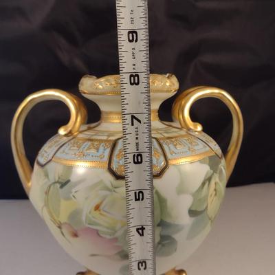 Nippon Hand Painted Footed Vase with Gilt and Floral Accents- Approx 8" Tall