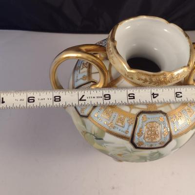 Nippon Hand Painted Footed Vase with Gilt and Floral Accents- Approx 8" Tall