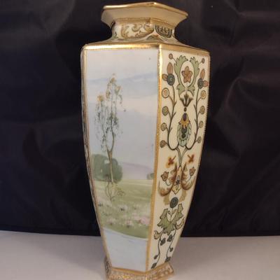 Nippon Hand Painted Hexagonal Vase with Gilt and Floral Accents- Approx 11 3/4" Tall