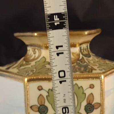 Nippon Hand Painted Hexagonal Vase with Gilt and Floral Accents- Approx 11 3/4" Tall
