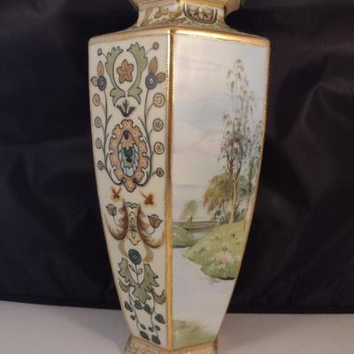 Nippon Hand Painted Hexagonal Vase with Gilt and Floral Accents- Approx 11 3/4" Tall