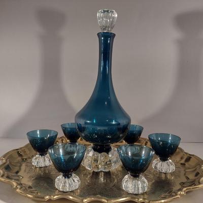 Mid Century Beverage Set- Decanter with Six Cordial Glasses- Aseda Art Glass Sweden (Bo Borgstrom)