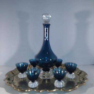 Mid Century Beverage Set- Decanter with Six Cordial Glasses- Aseda Art Glass Sweden (Bo Borgstrom)