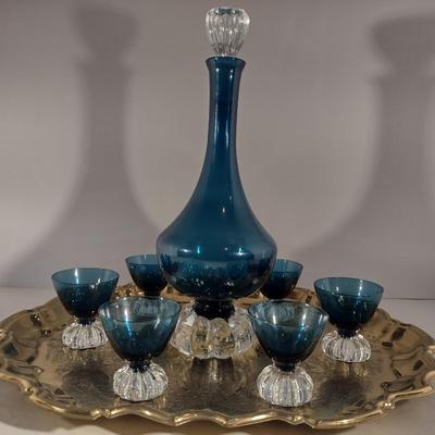 Mid Century Beverage Set- Decanter with Six Cordial Glasses- Aseda Art Glass Sweden (Bo Borgstrom)