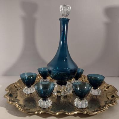 Mid Century Beverage Set- Decanter with Six Cordial Glasses- Aseda Art Glass Sweden (Bo Borgstrom)
