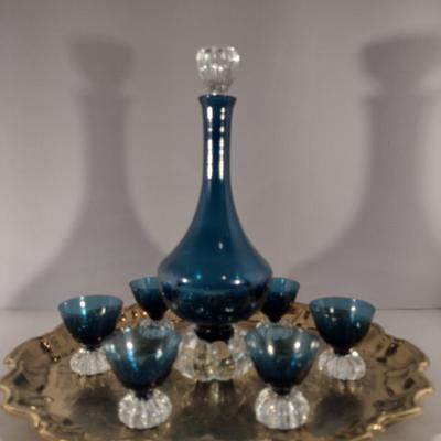 Mid Century Beverage Set- Decanter with Six Cordial Glasses- Aseda Art Glass Sweden (Bo Borgstrom)