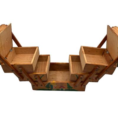 Vintage MCM Wooden Fold Out Sewing Box