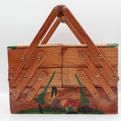Vintage MCM Wooden Fold Out Sewing Box