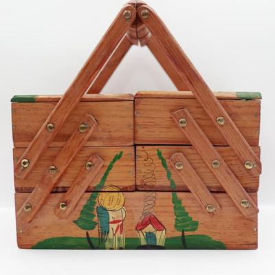 Vintage MCM Wooden Fold Out Sewing Box