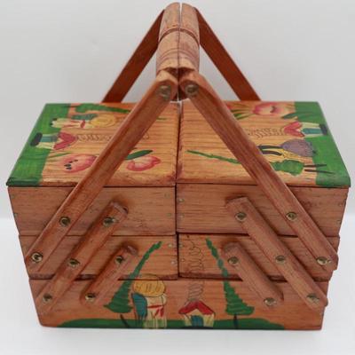 Vintage MCM Wooden Fold Out Sewing Box