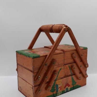 Vintage MCM Wooden Fold Out Sewing Box