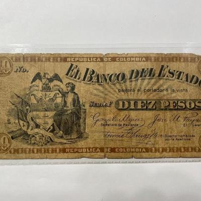 SCARCE COLOMBIA BANCO DEL ESTADO 10 PESOS c1900 BANKNOTE/CURRENCY IN HEAVY CIRCULATED CONDITION AS PIC'D.