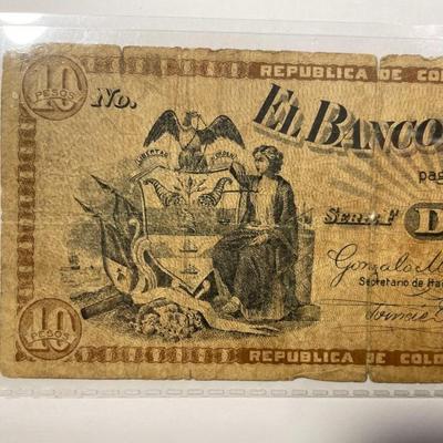 SCARCE COLOMBIA BANCO DEL ESTADO 10 PESOS c1900 BANKNOTE/CURRENCY IN HEAVY CIRCULATED CONDITION AS PIC'D.