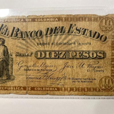 SCARCE COLOMBIA BANCO DEL ESTADO 10 PESOS c1900 BANKNOTE/CURRENCY IN HEAVY CIRCULATED CONDITION AS PIC'D.