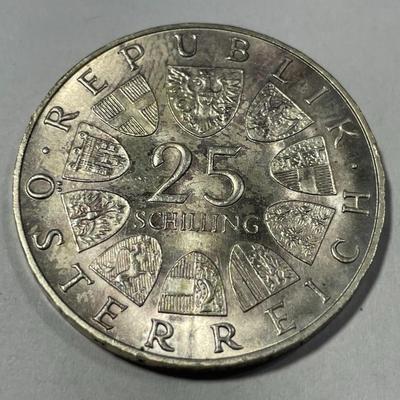 Austria 1968 Brilliant Uncirculated 25 Schilling Silver Coin as Pictured.