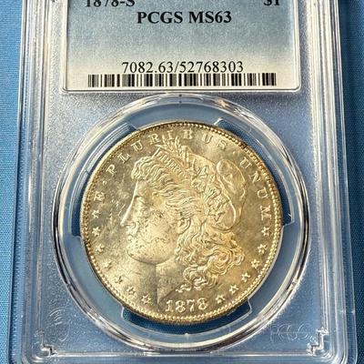 PCGS CERTIFIED 1878-S MS63 GRADED MORGAN SILVER DOLLAR AS PICTURED. (COIN #8303).