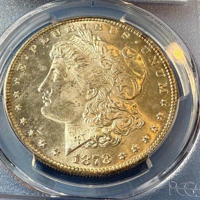 PCGS CERTIFIED 1878-S MS63 GRADED MORGAN SILVER DOLLAR AS PICTURED. (COIN #8303).