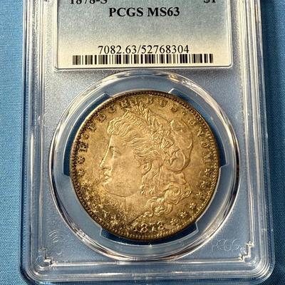 PCGS CERTIFIED 1878-S MS63 GRADED TONED MORGAN SILVER DOLLAR AS PICTURED. (COIN #8304).