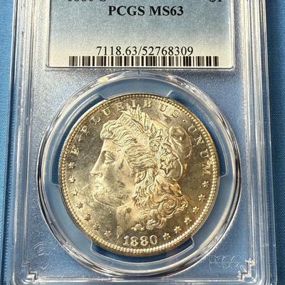 PCGS CERTIFIED 1880-S MS63 GRADED MORGAN SILVER DOLLAR AS PICTURED. (COIN #8309).