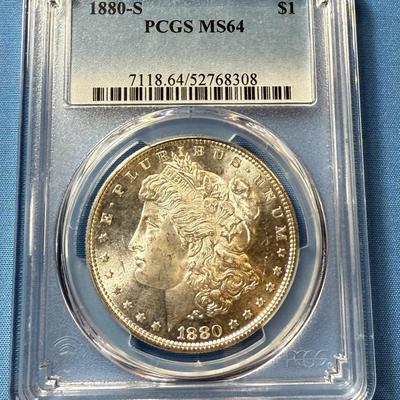 PCGS CERTIFIED 1880-S MS64 GRADED MORGAN SILVER DOLLAR AS PICTURED. (COIN #8308).