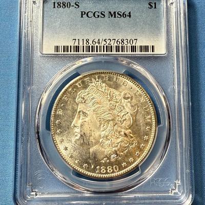 PCGS CERTIFIED 1880-S MS64 GRADED MORGAN SILVER DOLLAR AS PICTURED. (COIN #8307).