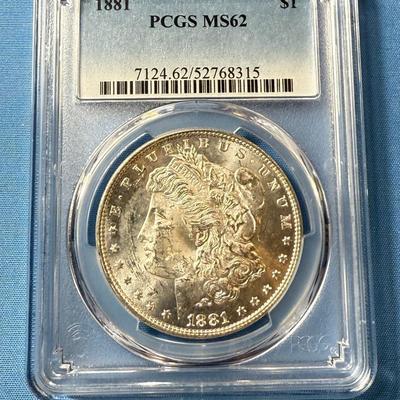 PCGS CERTIFIED 1881-P MS62 GRADED MORGAN SILVER DOLLAR AS PICTURED. (COIN #8315).