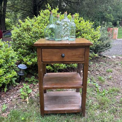 LOT 70: Reclaimed Wood Accent Table & Glass Decanters/Bottles