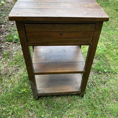 LOT 70: Reclaimed Wood Accent Table & Glass Decanters/Bottles