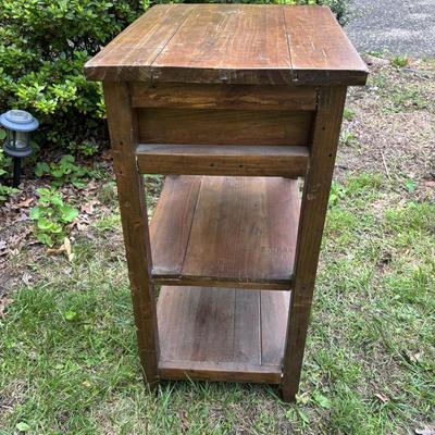 LOT 70: Reclaimed Wood Accent Table & Glass Decanters/Bottles